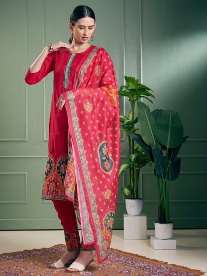 Ethnic Printed & Embroidered Straight Kurta with Pant & Dupatta - Pink