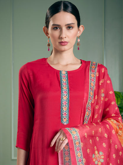 Ethnic Printed & Embroidered Straight Kurta with Pant & Dupatta - Pink