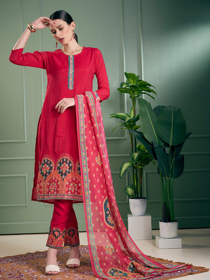 Ethnic Printed & Embroidered Straight Kurta with Pant & Dupatta - Pink