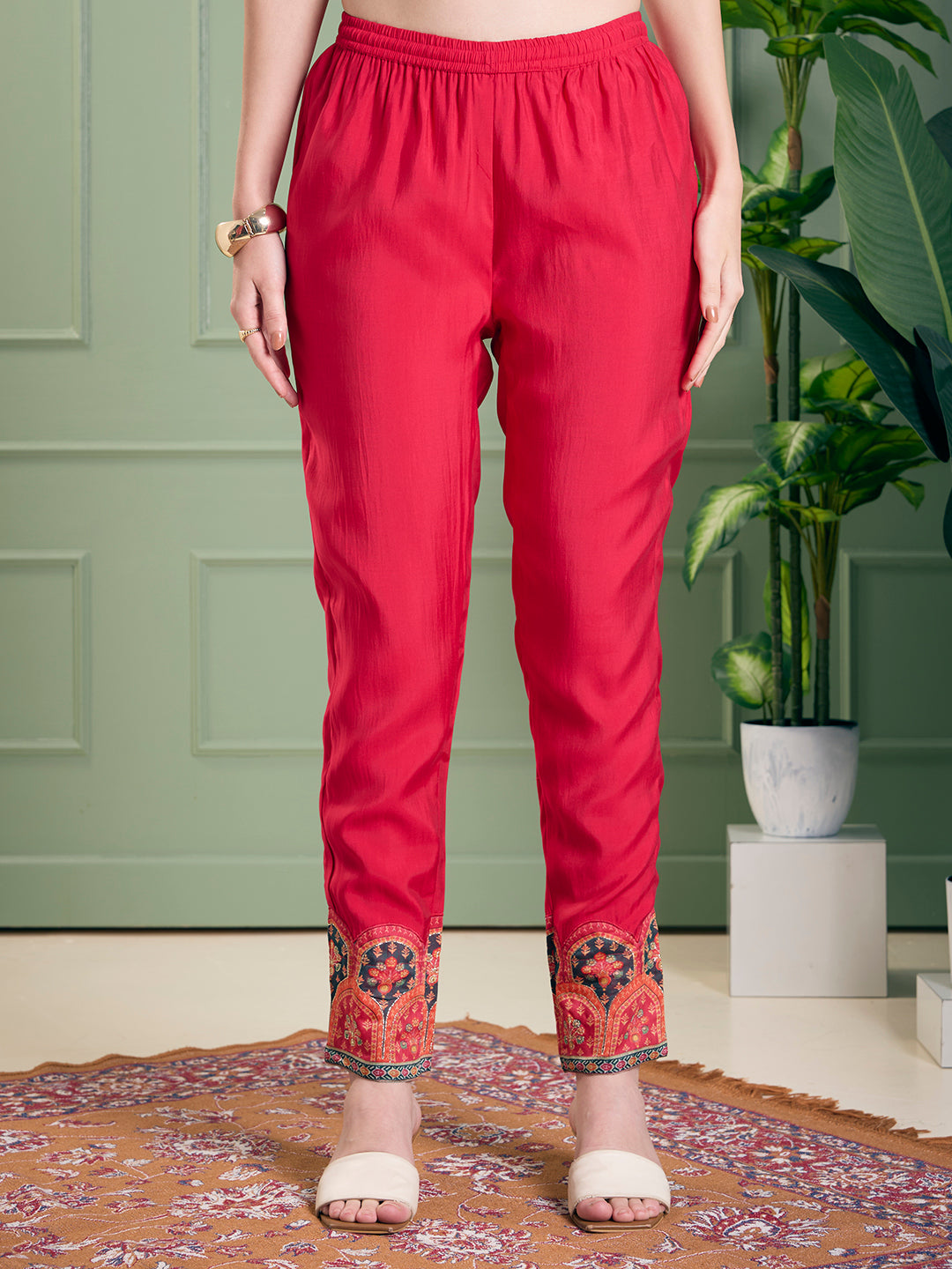 Ethnic Printed & Embroidered Straight Kurta with Pant & Dupatta - Pink