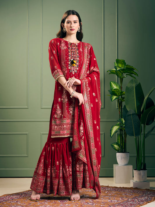 Festive Floral Printed & Embroidered & Anarkali With Sharara & Dupatta - Red