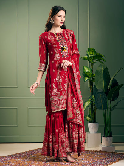 Festive Floral Printed & Embroidered & Anarkali With Sharara & Dupatta - Red