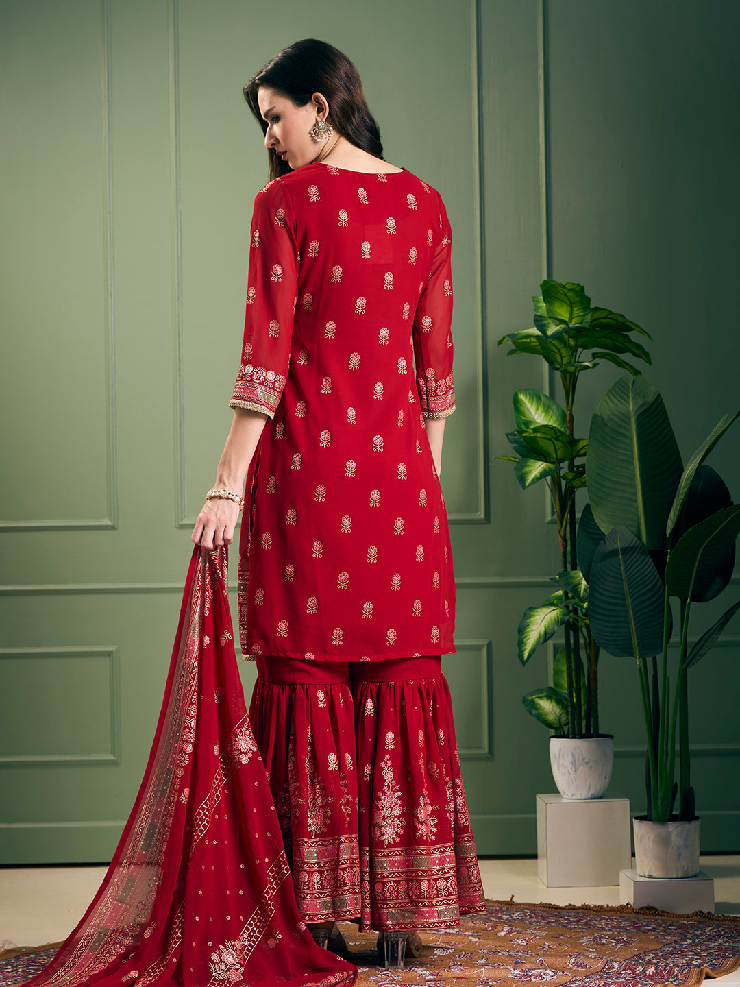 Festive Floral Printed & Embroidered & Anarkali With Sharara & Dupatta - Red