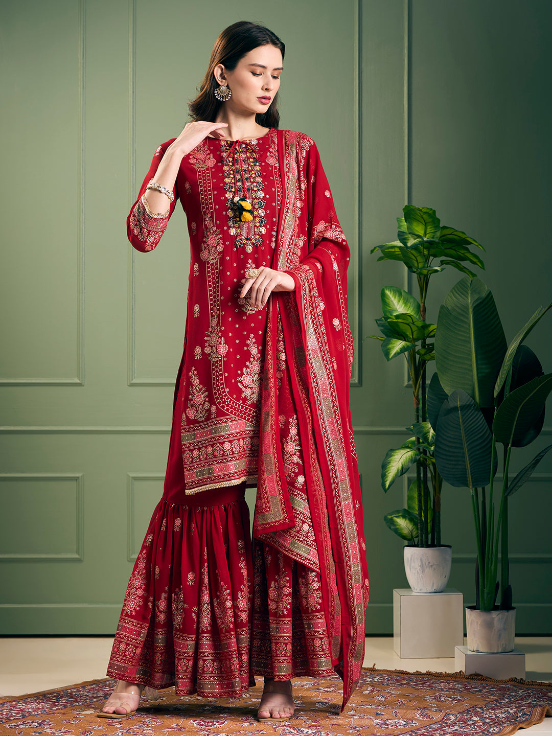 Festive Floral Printed & Embroidered & Anarkali With Sharara & Dupatta - Red