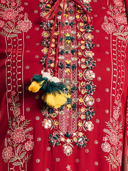 Festive Floral Printed & Embroidered & Anarkali With Sharara & Dupatta - Red