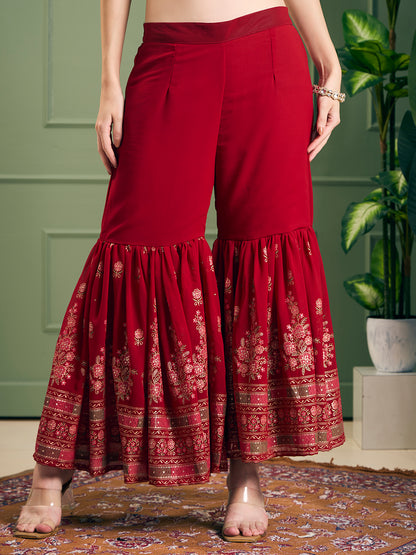 Festive Floral Printed & Embroidered & Anarkali With Sharara & Dupatta - Red