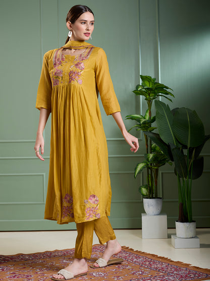 Solid Floral Embodied A-Line Pleated Kurta with Pant & Dupatta - Mustard