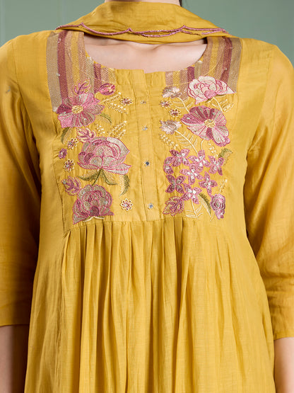 Solid Floral Embodied A-Line Pleated Kurta with Pant & Dupatta - Mustard