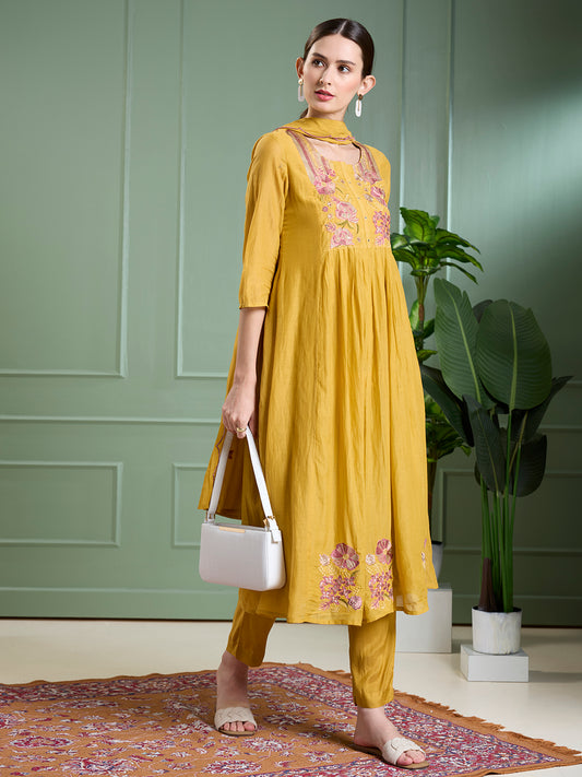 Solid Floral Embodied A-Line Pleated Kurta with Pant & Dupatta - Mustard