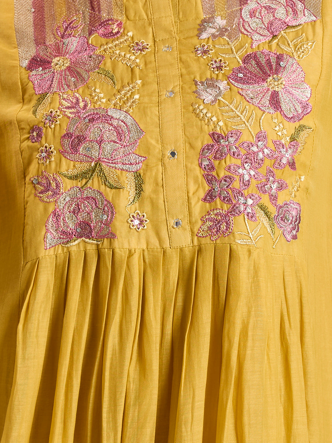 Solid Floral Embodied A-Line Pleated Kurta with Pant & Dupatta - Mustard