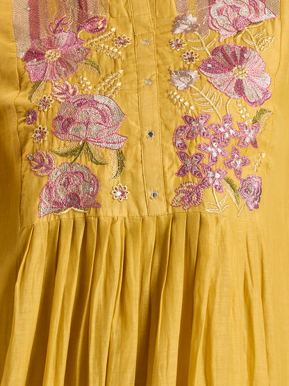 Solid Floral Embodied A-Line Pleated Kurta with Pant & Dupatta - Mustard
