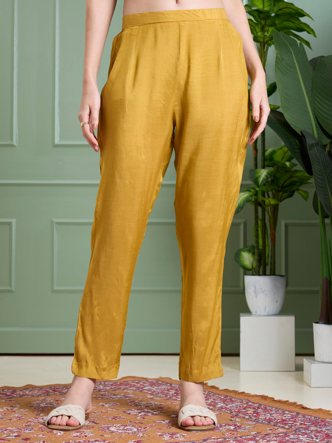 Solid Floral Embodied A-Line Pleated Kurta with Pant & Dupatta - Mustard