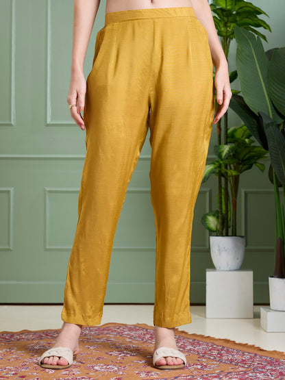 Solid Floral Embodied A-Line Pleated Kurta with Pant & Dupatta - Mustard