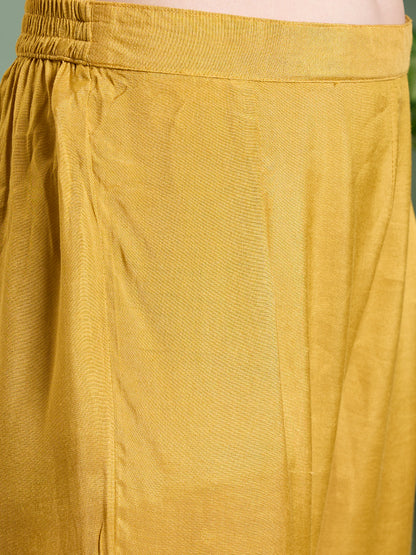 Solid Floral Embodied A-Line Pleated Kurta with Pant & Dupatta - Mustard