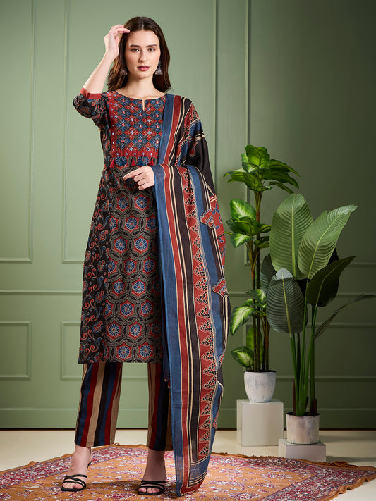 Ethnic Ajrakh Printed Straight Kurta with Pant & Dupatta- Multi