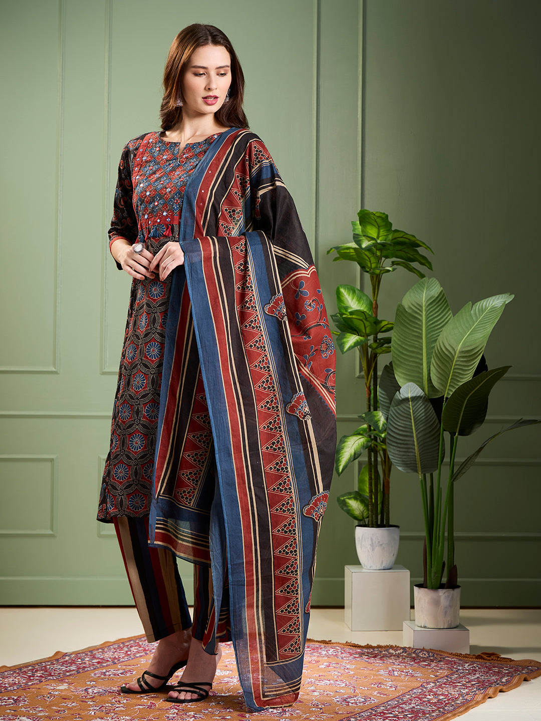 Ethnic Ajrakh Printed Straight Kurta with Pant & Dupatta- Multi