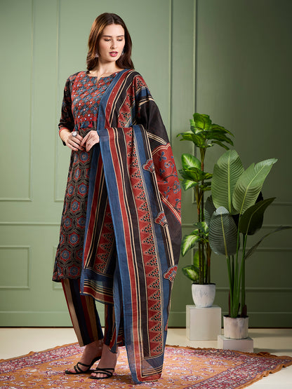 Ethnic Ajrakh Printed Straight Kurta with Pant & Dupatta- Multi