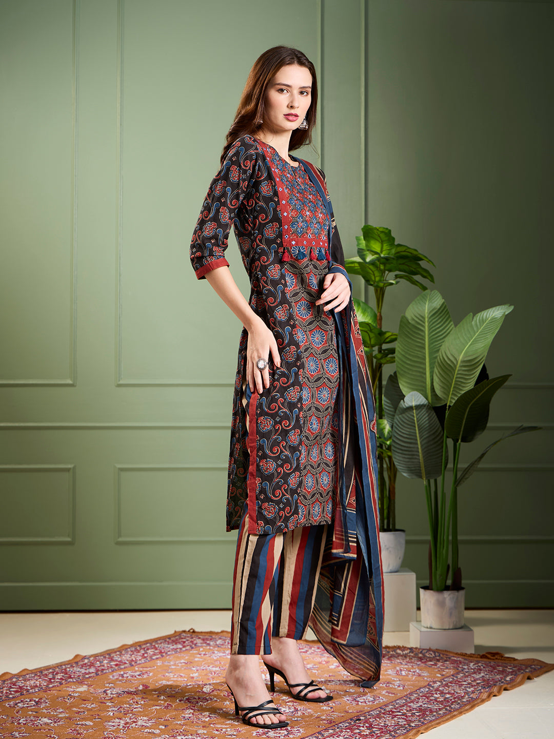 Ethnic Ajrakh Printed Straight Kurta with Pant & Dupatta- Multi