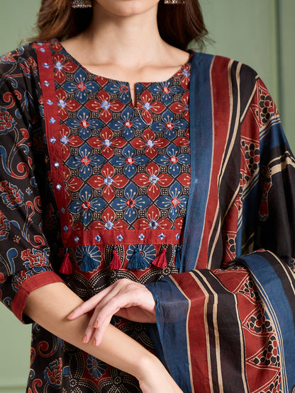 Ethnic Ajrakh Printed Straight Kurta with Pant & Dupatta- Multi