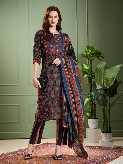 Ethnic Ajrakh Printed Straight Kurta with Pant & Dupatta- Multi