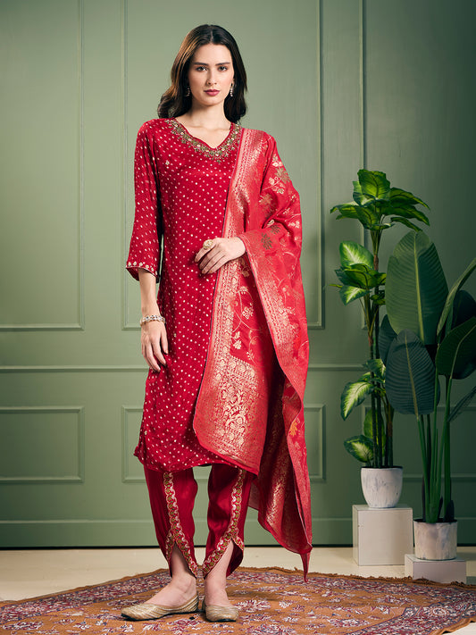 Solid Ethnic Embroidered Straight Kurta with Dhoti & Dupatta - Maroon