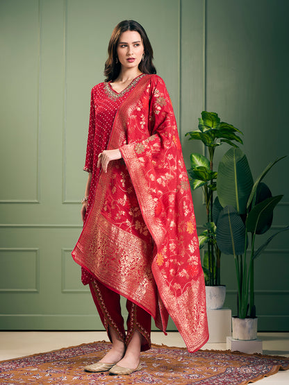 Solid Ethnic Embroidered Straight Kurta with Dhoti & Dupatta - Maroon