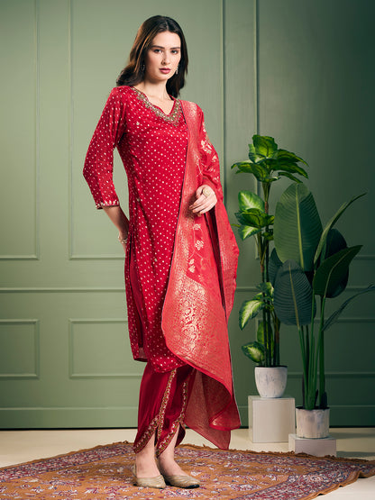 Solid Ethnic Embroidered Straight Kurta with Dhoti & Dupatta - Maroon