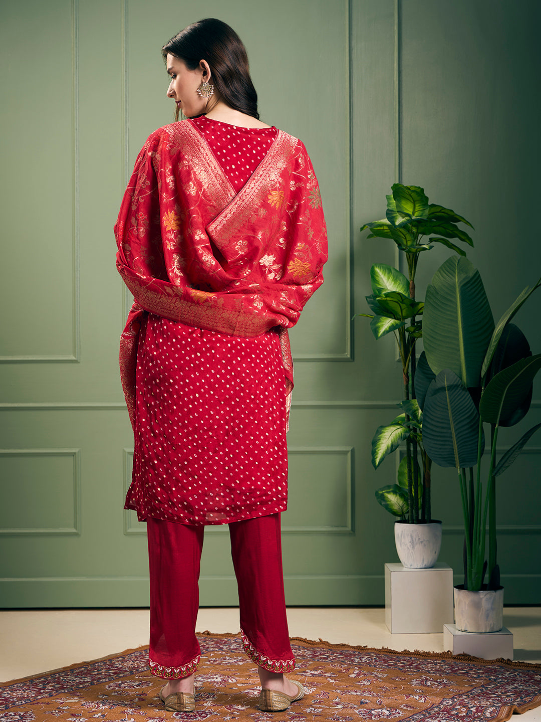 Solid Ethnic Embroidered Straight Kurta with Dhoti & Dupatta - Maroon