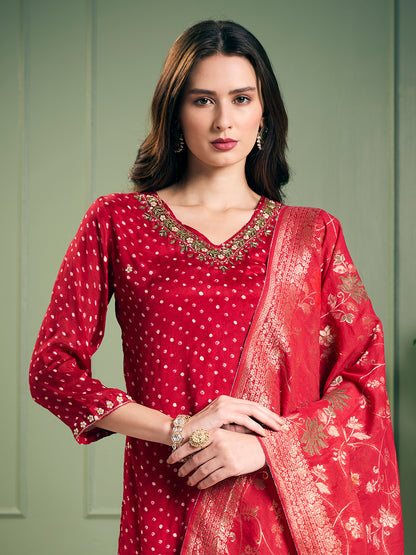 Solid Ethnic Embroidered Straight Kurta with Dhoti & Dupatta - Maroon