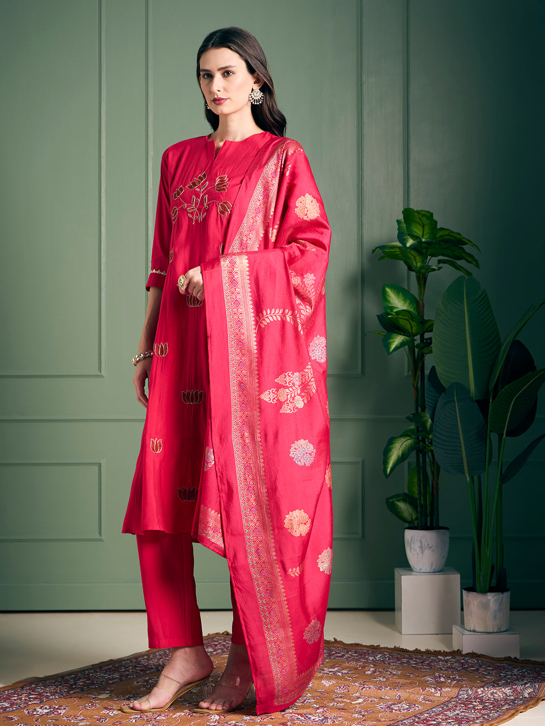Solid Lotus Embroidered Straight Kurta with Pant & Dupatta - Rani