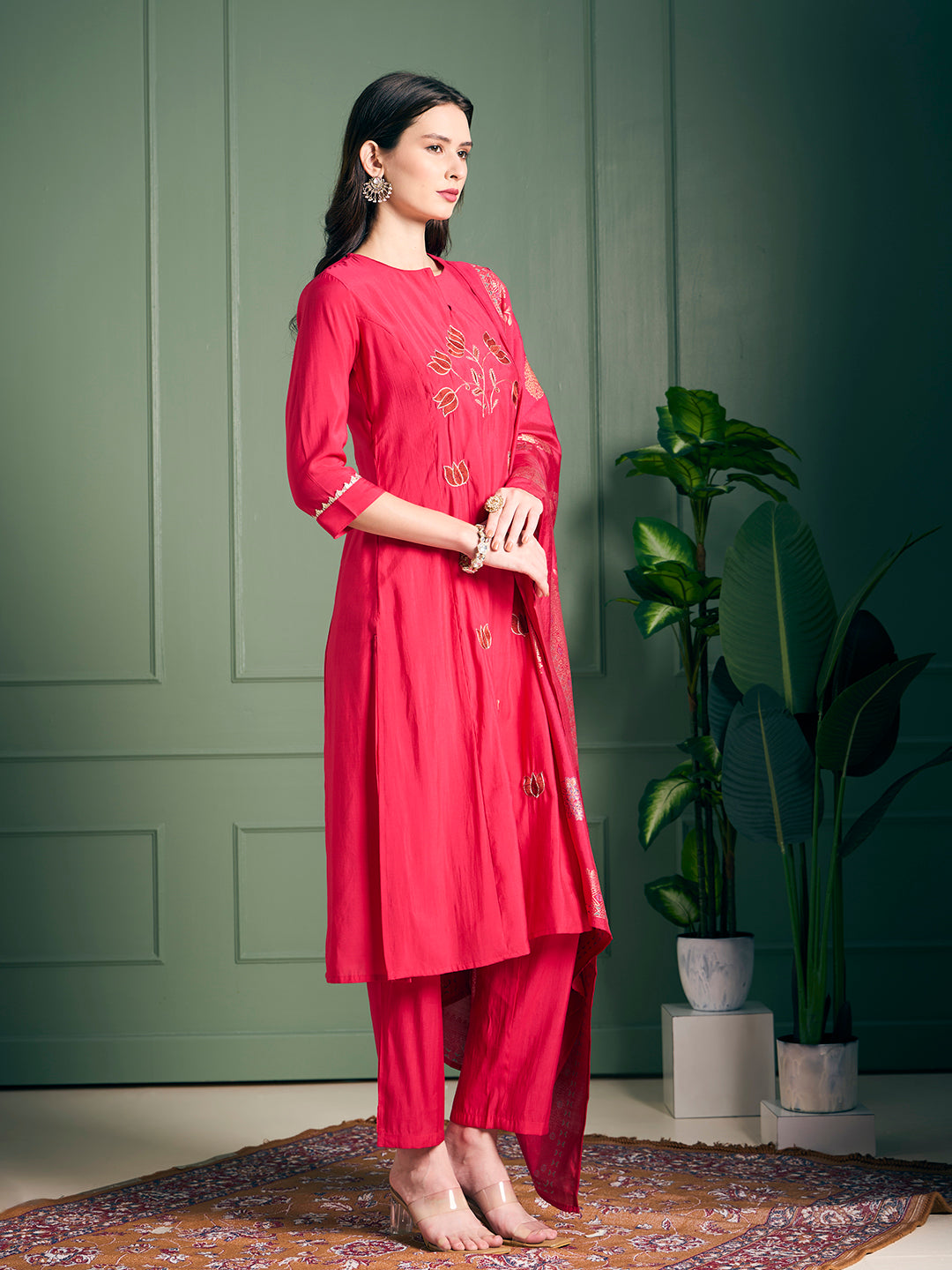 Solid Lotus Embroidered Straight Kurta with Pant & Dupatta - Rani