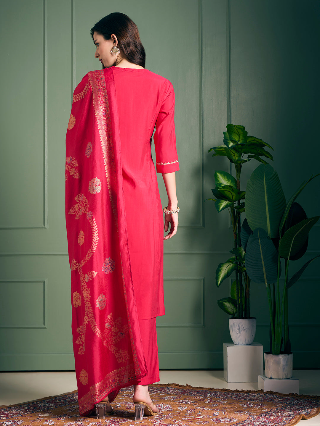 Solid Lotus Embroidered Straight Kurta with Pant & Dupatta - Rani