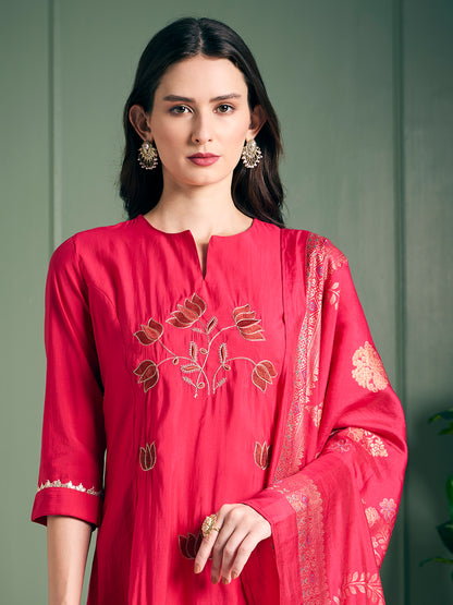 Solid Lotus Embroidered Straight Kurta with Pant & Dupatta - Rani