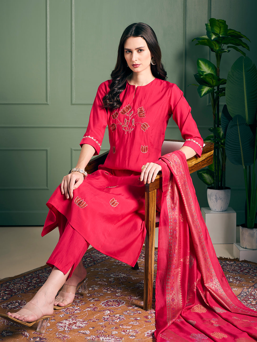 Solid Lotus Embroidered Straight Kurta with Pant & Dupatta - Rani