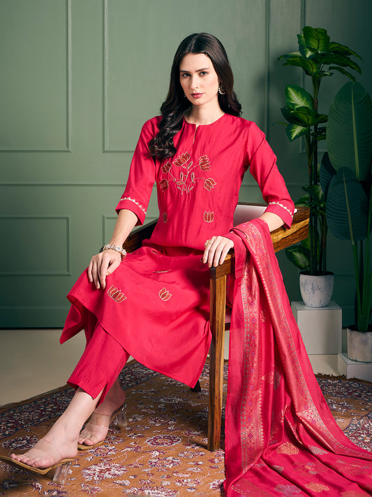 Solid Lotus Embroidered Straight Kurta with Pant & Dupatta - Rani
