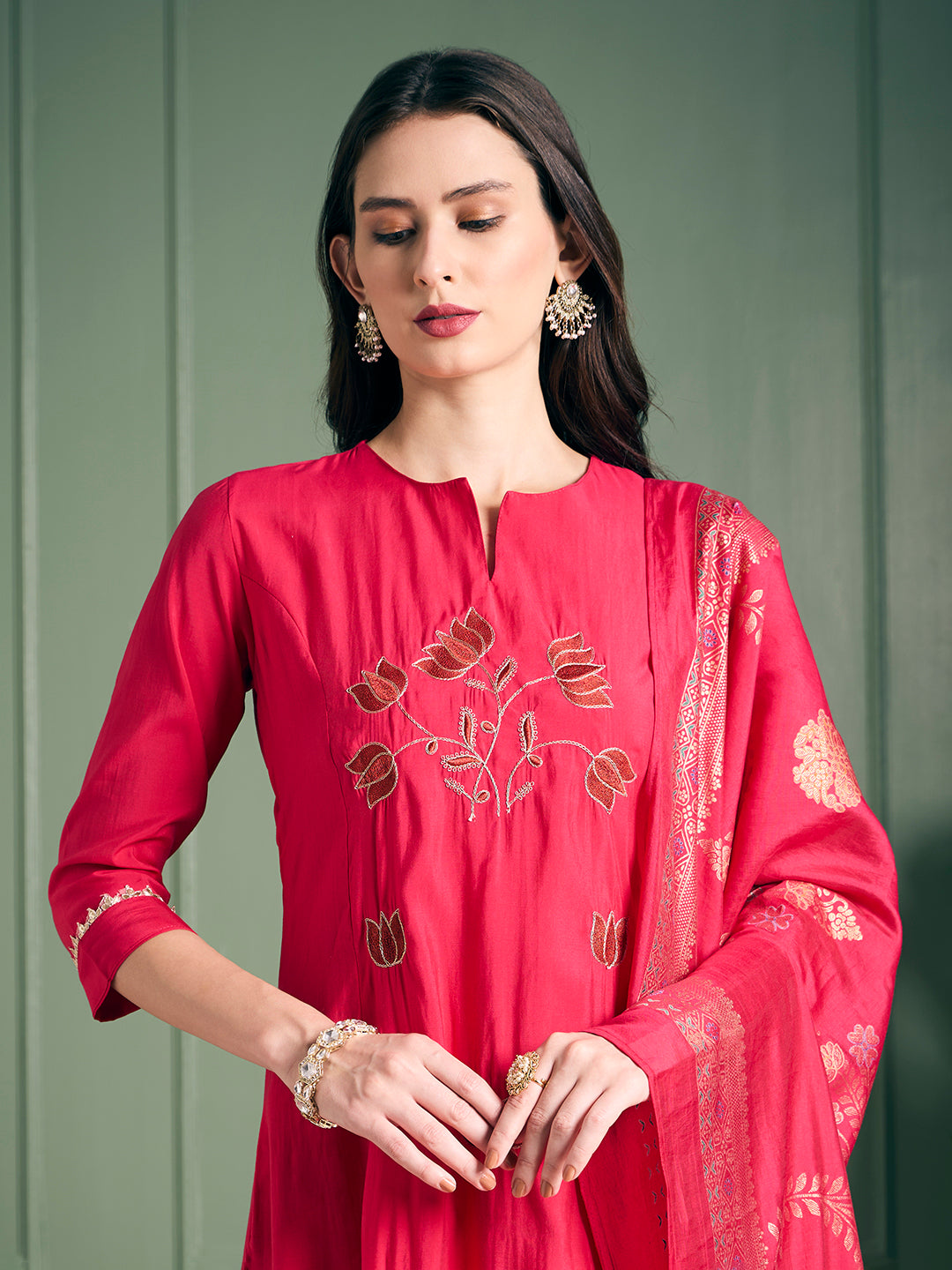 Solid Lotus Embroidered Straight Kurta with Pant & Dupatta - Rani