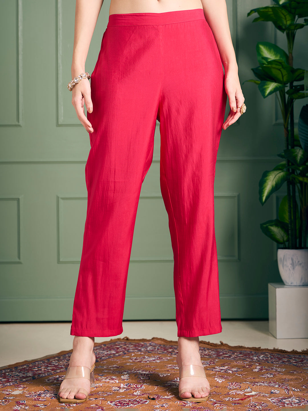 Solid Lotus Embroidered Straight Kurta with Pant & Dupatta - Rani