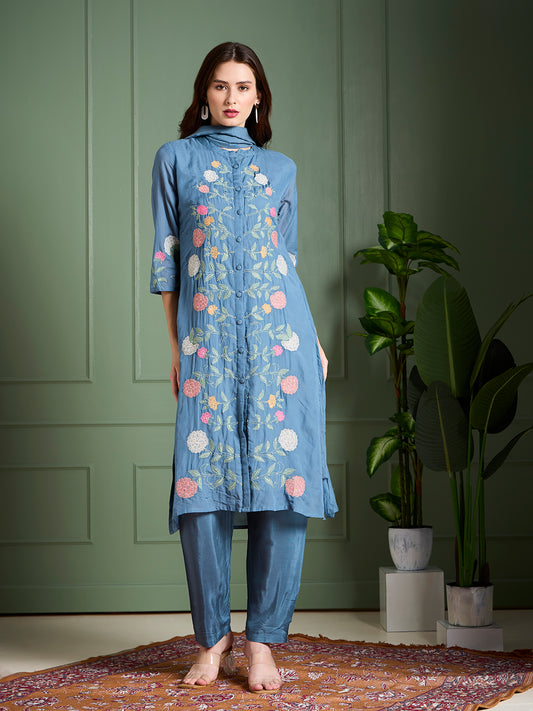Solid Floral Embroidered Straight Kurta with Pant & Dupatta - Blue