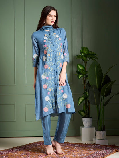 Solid Floral Embroidered Straight Kurta with Pant & Dupatta - Blue