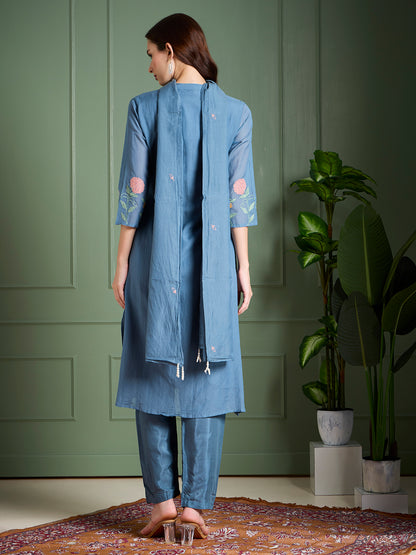 Solid Floral Embroidered Straight Kurta with Pant & Dupatta - Blue