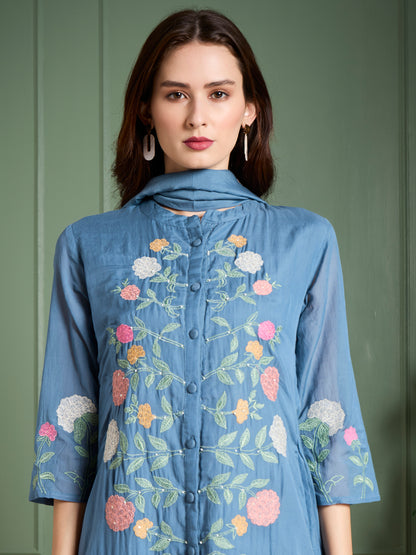 Solid Floral Embroidered Straight Kurta with Pant & Dupatta - Blue