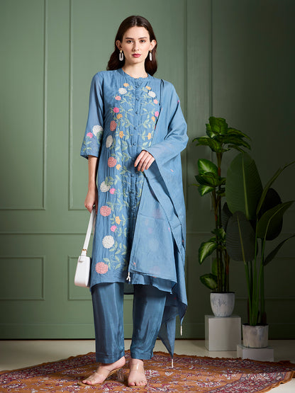 Solid Floral Embroidered Straight Kurta with Pant & Dupatta - Blue