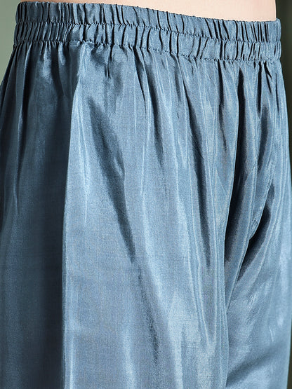 Solid Floral Embroidered Straight Kurta with Pant & Dupatta - Blue