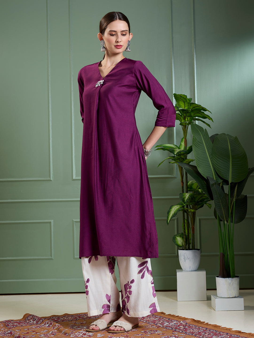 Solid A-Line Kurta with Floral Printed Palazzo - Purple