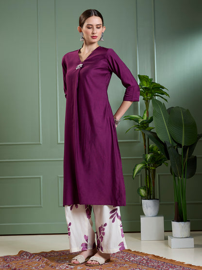 Solid A-Line Kurta with Floral Printed Palazzo - Purple