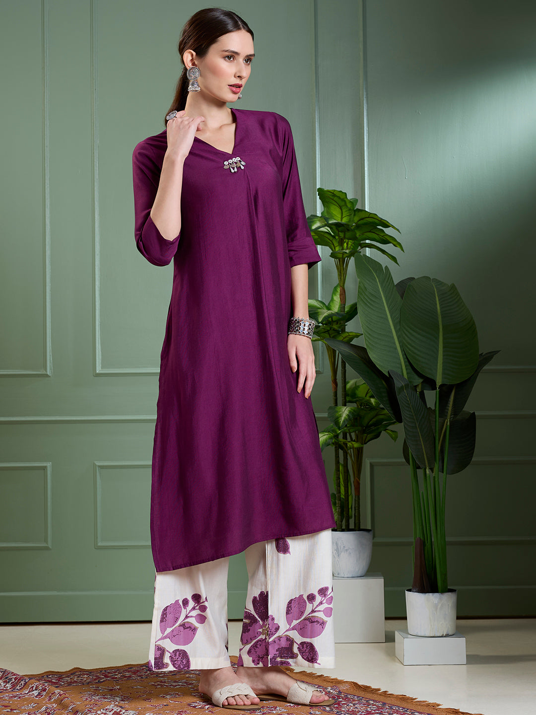 Solid A-Line Kurta with Floral Printed Palazzo - Purple