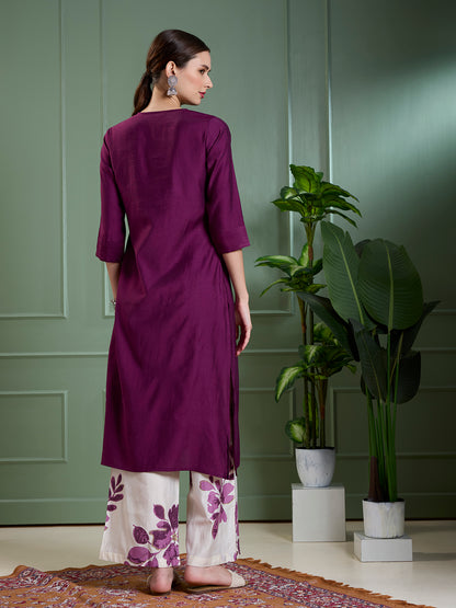 Solid A-Line Kurta with Floral Printed Palazzo - Purple