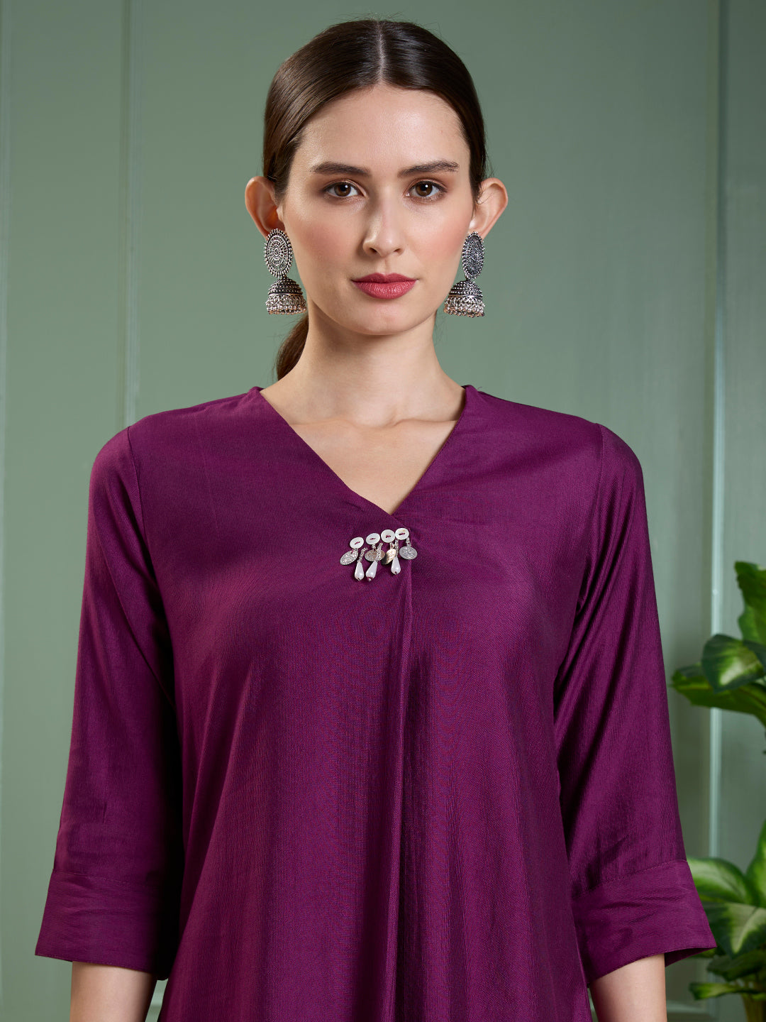 Solid A-Line Kurta with Floral Printed Palazzo - Purple