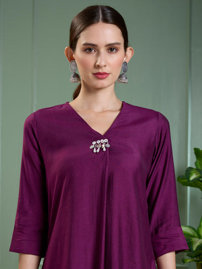 Solid A-Line Kurta with Floral Printed Palazzo - Purple