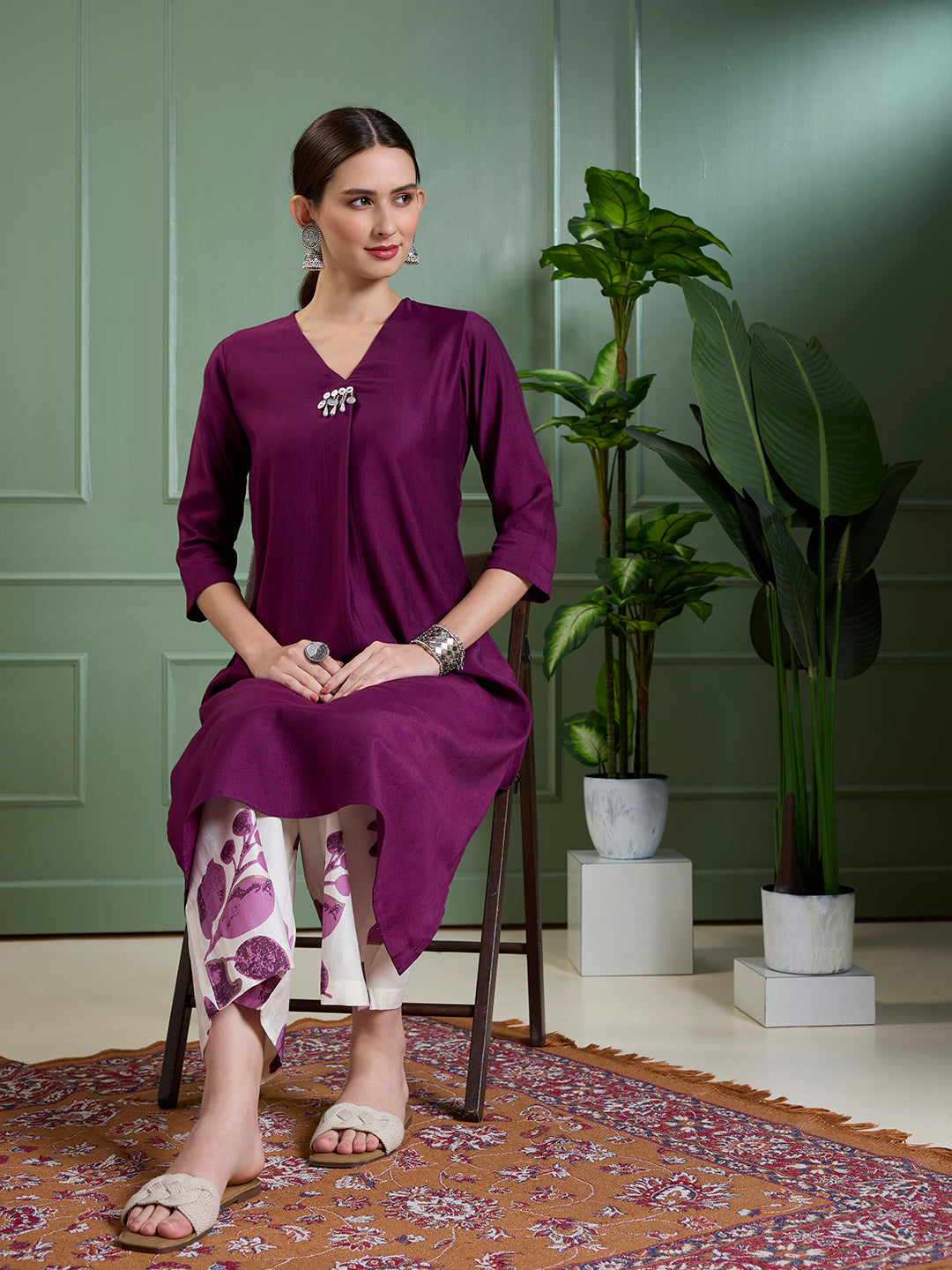 Solid A-Line Kurta with Floral Printed Palazzo - Purple
